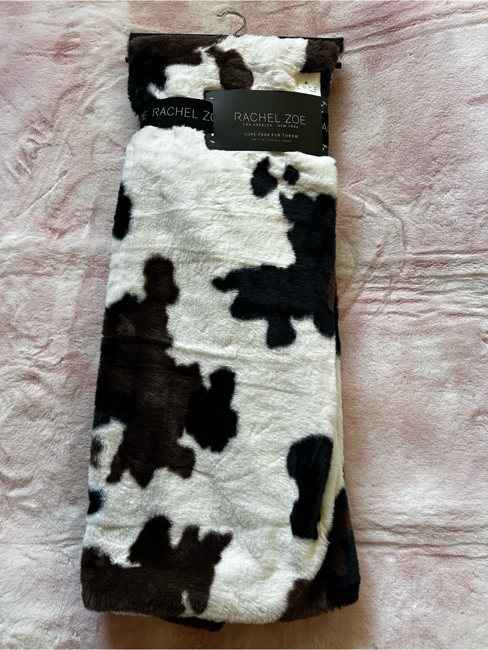 Luxe Faux Fur Cow Print Throw - White, Brown, Black - Rachel Zoe NWT